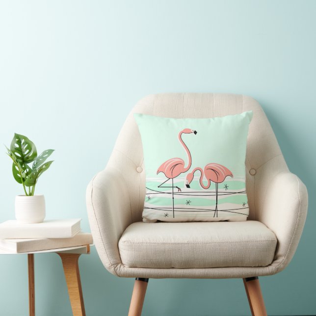Flamingos Pair Aqua square Throw Pillow (Chair)