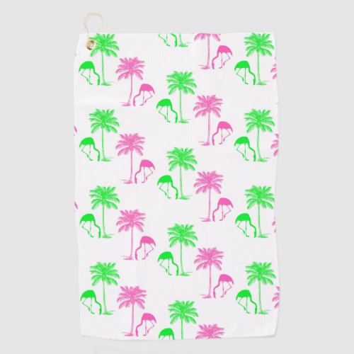 Flamingos Palm Trees Pink Green Pattern Golf Towel