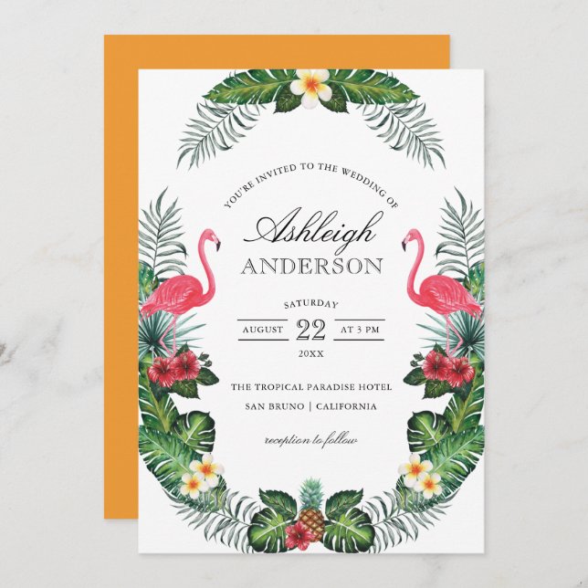 Flamingos & Pineapple Tropical Flora Bridal Shower Invitation (Front/Back)