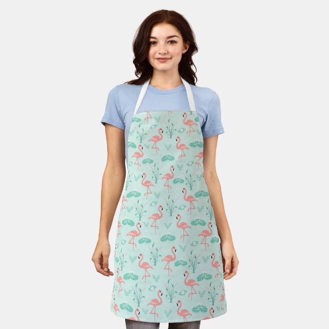 Flamingos Pink Green Tropical Birds Apron (Worn)
