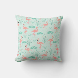 Flamingos Pink Green Tropical Birds Throw Pillow