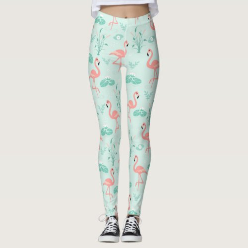 Flamingos Pink Green Tropical Birds Trendy  Leggings