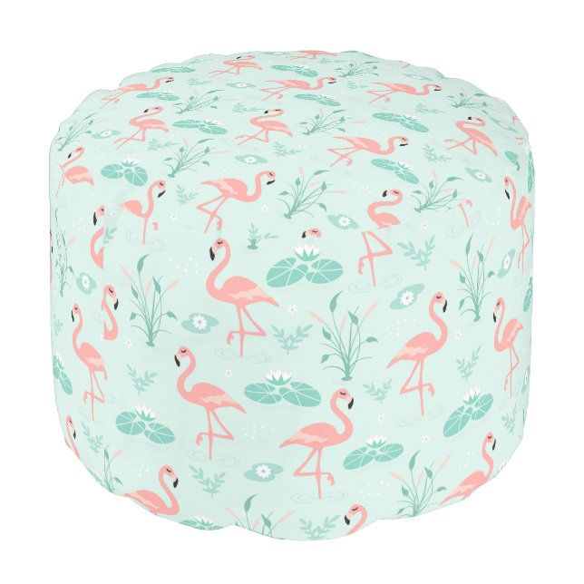 Flamingos Pink Green Tropical Birds Trendy  Pouf (Angled Back)