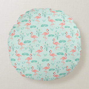 Flamingos Pink Green Tropical Birds Trendy Round Pillow