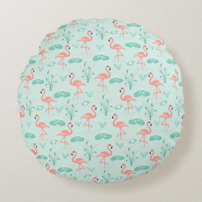 Flamingos Pink Green Tropical Birds Trendy Round Pillow (Front)