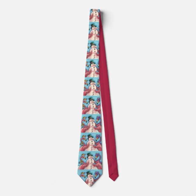 FLAMINGOS & PINK SNOWMAN, CHRISTMAS BIRDS HOLIDAY NECK TIE (Front)
