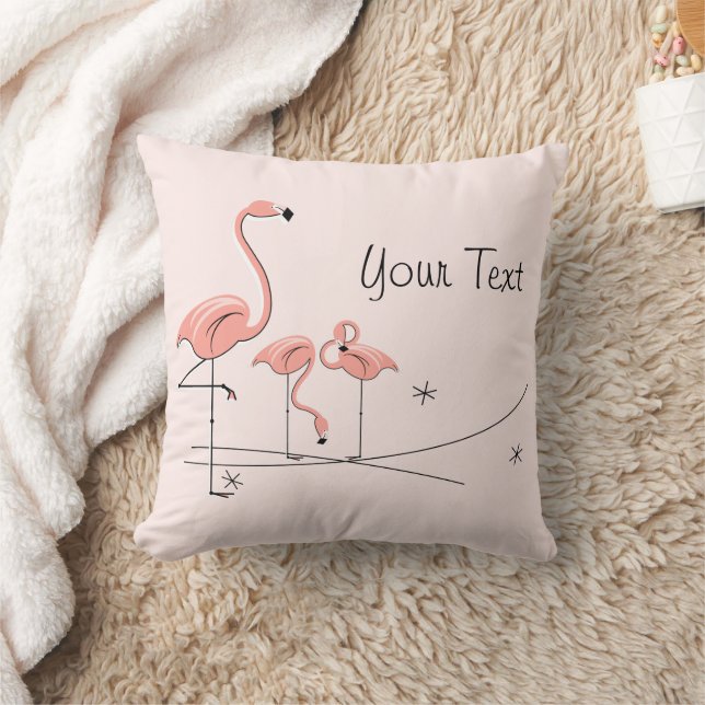 Flamingos Pink Trio 4 'Your Text' pink back square Throw Pillow (Blanket)