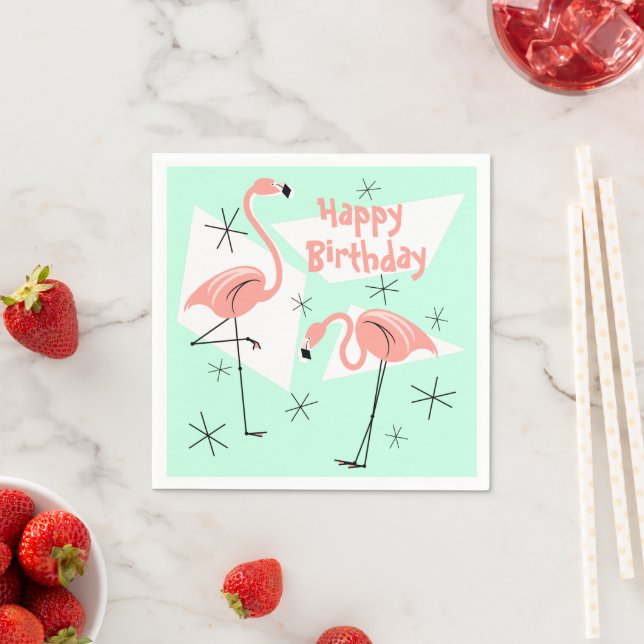 Flamingos Retro Green Happy Birthday Napkins (Insitu)