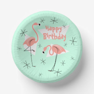 Flamingos Retro Green Happy Birthday Paper Bowls