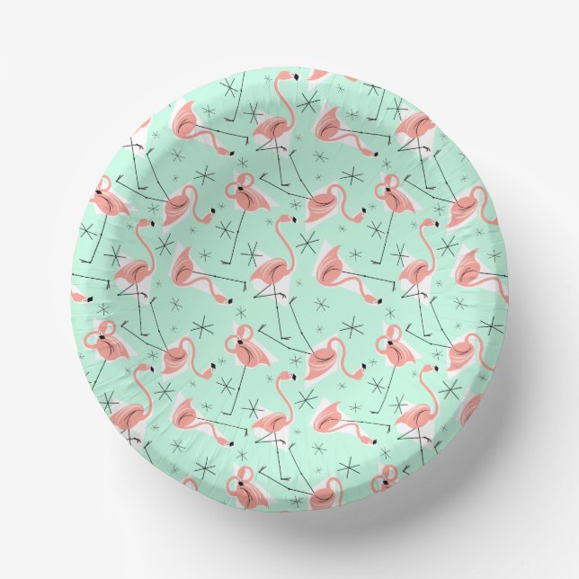 Flamingos Retro Green Multi Paper Bowls (Front)