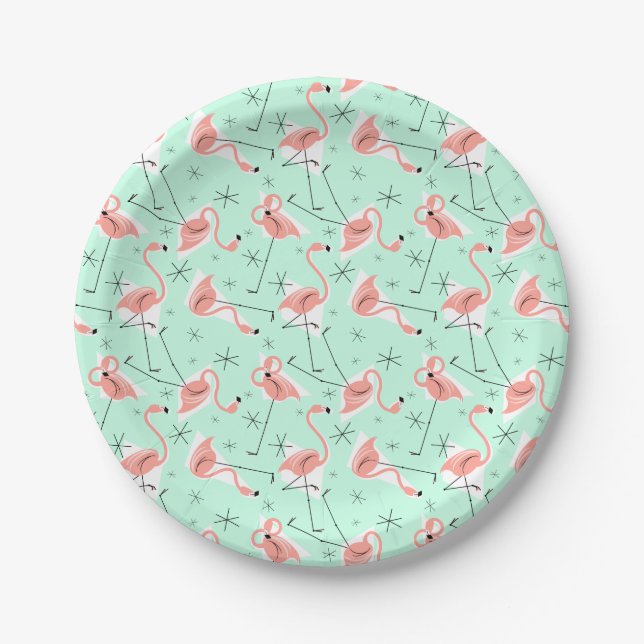 Flamingos Retro Green Multi Paper Plates (Front)