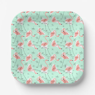 Flamingos Retro Green Multi square Paper Plates