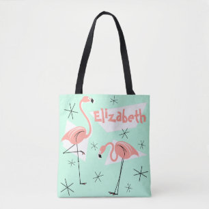 Flamingos Retro Green Name all over pink back Tote Bag