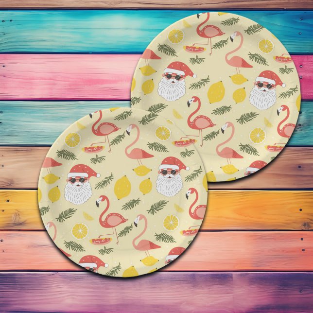 Flamingos & Santa Christmas in July Party Paper Plates (Creator Uploaded)