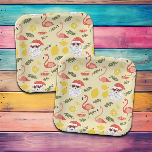 Flamingos & Santa Christmas in July Party Paper Plates (Creator Uploaded)