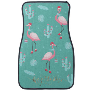 Flamingos Santa Hat Presents Snowflakes Car Floor Mat