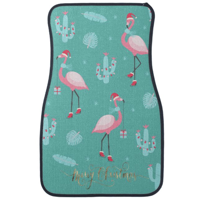  Flamingos Santa Hat Presents Snowflakes   Car Floor Mat (Front)