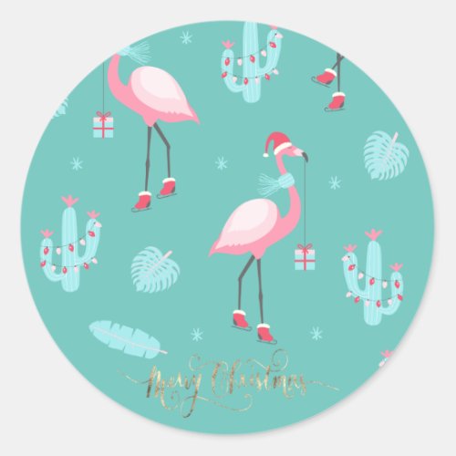  Flamingos Santa Hat Presents Snowflakes    Classic Round Sticker