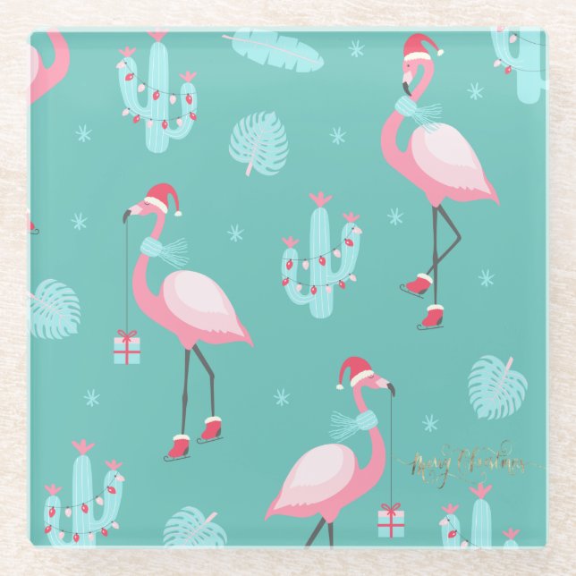  Flamingos Santa Hat Presents Snowflakes Glass Coaster (Front)