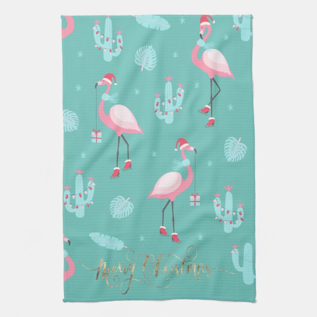  Flamingos Santa Hat Presents Snowflakes  Kitchen Towel (Vertical)