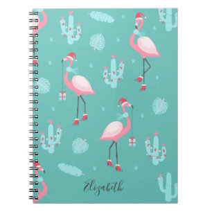  Flamingos Santa Hat Presents Snowflakes   Notebook