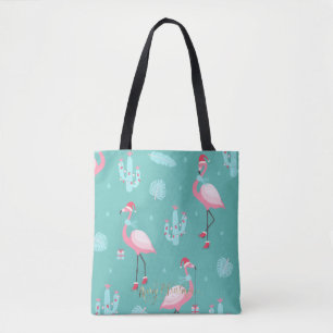 Flamingos Santa Hat Presents Snowflakes Tote Bag
