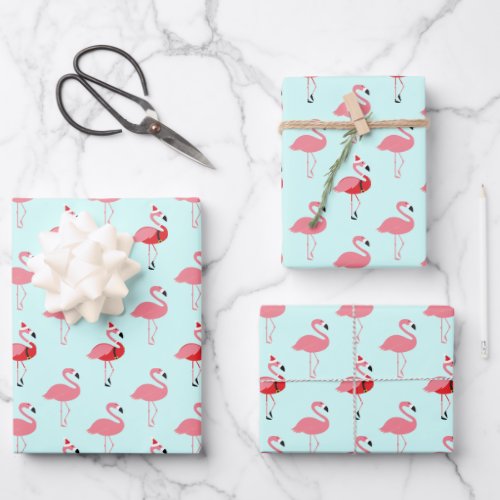 Flamingos Santa Pink Flamingo Blue Christmas Wrapping Paper Sheets