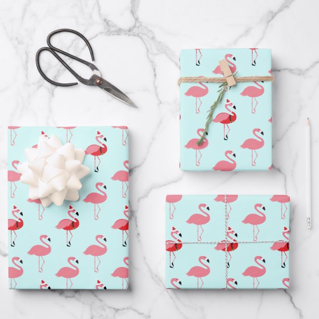 Flamingos Santa Pink Flamingo Blue Christmas Wrapping Paper Sheets (Front)