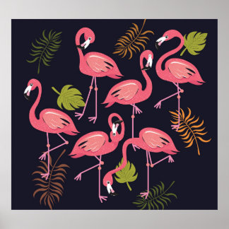 Flamingos set, tropical bird vintage. poster