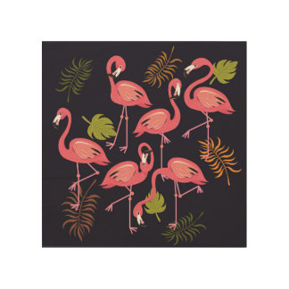 Flamingos set, tropical bird vintage. wood wall art