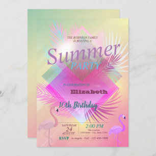 Flamingos Summer Pool Ombre Birthday Party Invitation