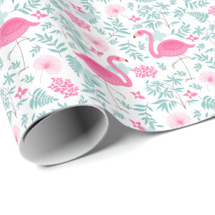 Flamingos & Tropical Flowers Illustration Pattern Wrapping Paper