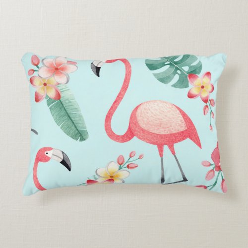 Flamingos Tropical Flowers Watercolor Pattern Accent Pillow