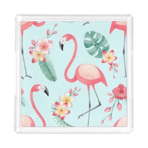 Flamingos Tropical Flowers Watercolor Pattern Acrylic Tray
