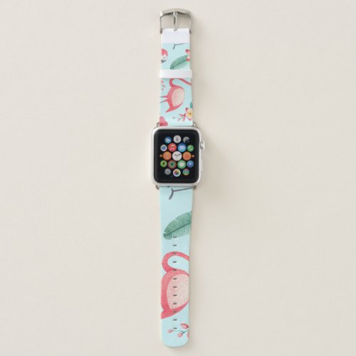 Flamingos Tropical Flowers Watercolor Pattern Apple Watch Band