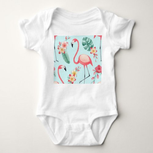 Flamingos Tropical Flowers Watercolor Pattern Baby Bodysuit