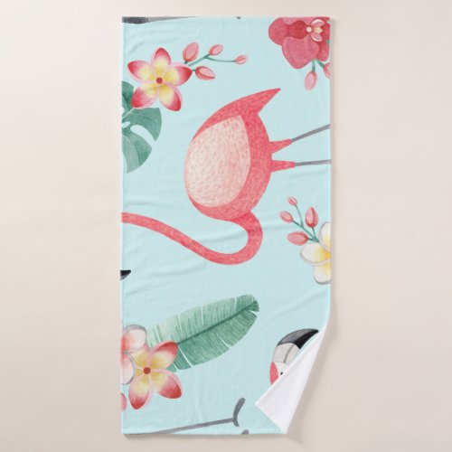 Flamingos Tropical Flowers Watercolor Pattern Bath Towel
