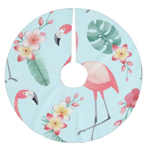 Flamingos Tropical Flowers Watercolor Pattern Brushed Polyester Tree Skirt