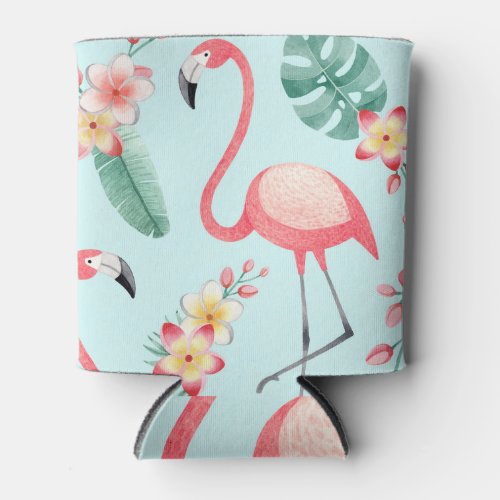 Flamingos Tropical Flowers Watercolor Pattern Can Cooler
