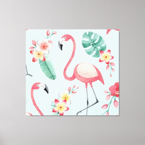 Flamingos Tropical Flowers Watercolor Pattern Canvas Print