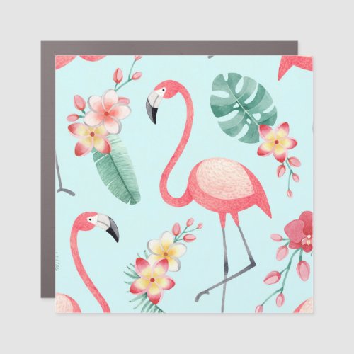 Flamingos Tropical Flowers Watercolor Pattern Car Magnet