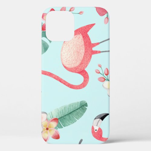 Flamingos Tropical Flowers Watercolor Pattern iPhone 12 Case
