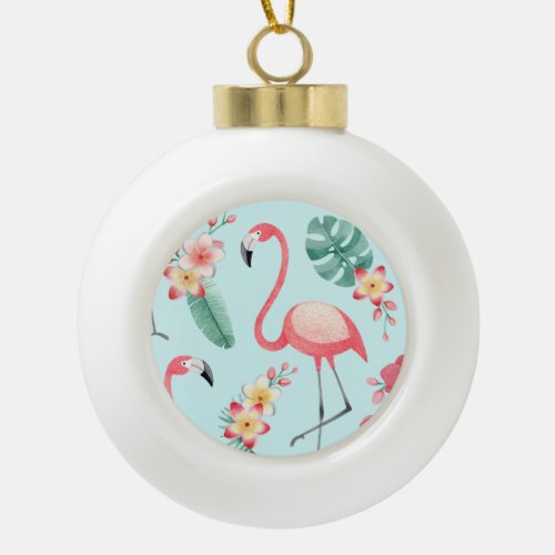 Flamingos Tropical Flowers Watercolor Pattern Ceramic Ball Christmas Ornament