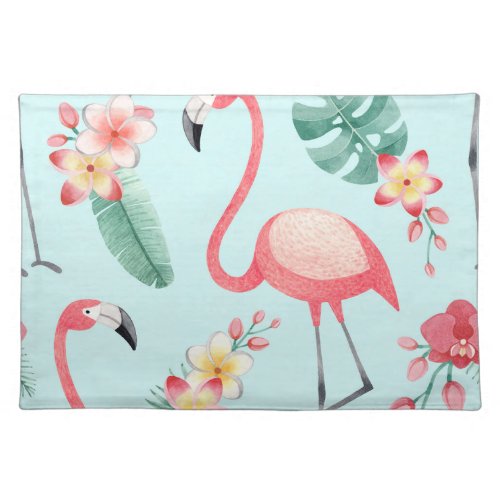 Flamingos Tropical Flowers Watercolor Pattern Cloth Placemat