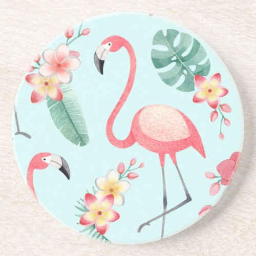 Flamingos Tropical Flowers Watercolor Pattern Coaster