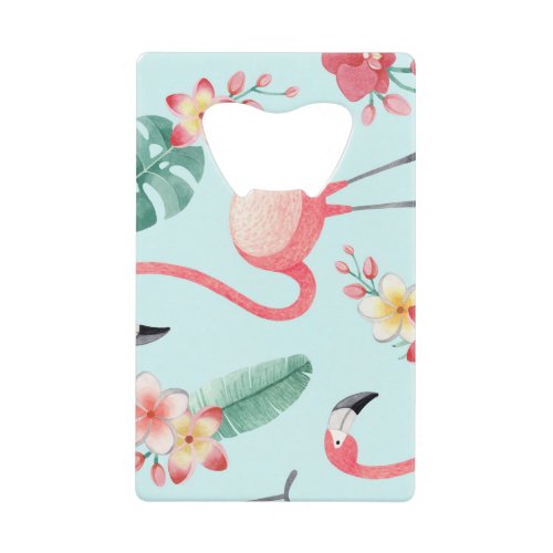 Flamingos Tropical Flowers Watercolor Pattern Credit Card Bottle Opener