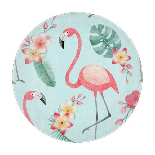 Flamingos Tropical Flowers Watercolor Pattern Cutting Board