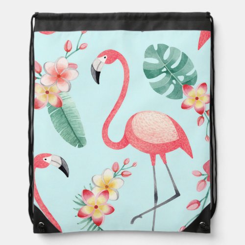 Flamingos Tropical Flowers Watercolor Pattern Drawstring Bag