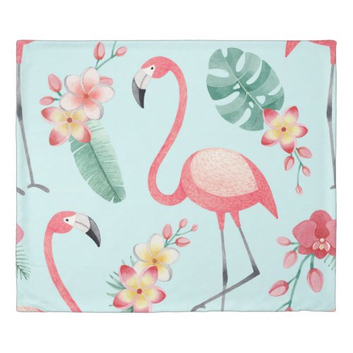 Flamingos Tropical Flowers Watercolor Pattern Duvet Cover