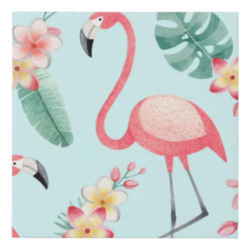 Flamingos Tropical Flowers Watercolor Pattern Faux Canvas Print